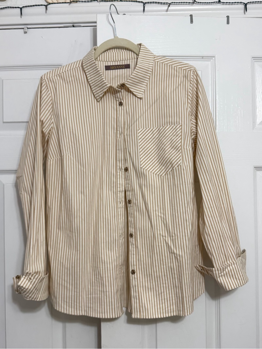 Shyanne Cream and Tan Striped Button-Down Shirt